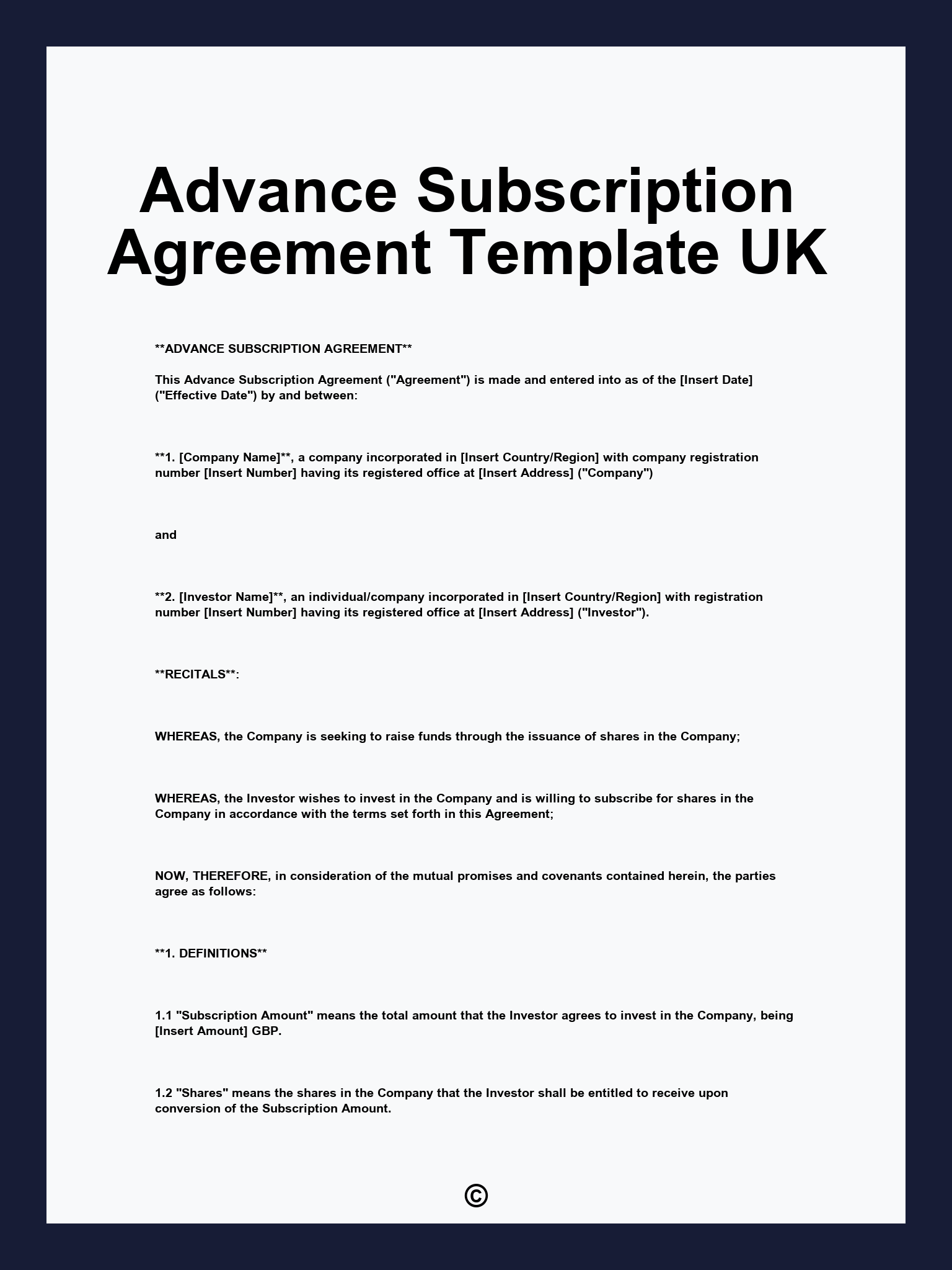 Advance Subscription Agreement Template UK