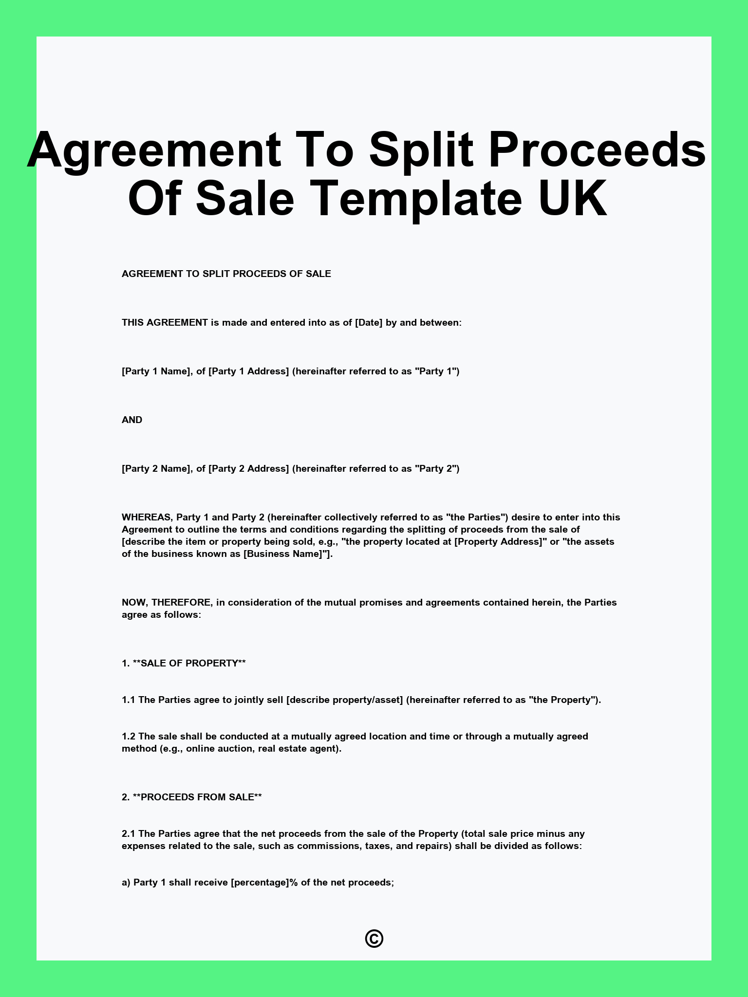 Agreement To Split Proceeds Of Sale Template UK
