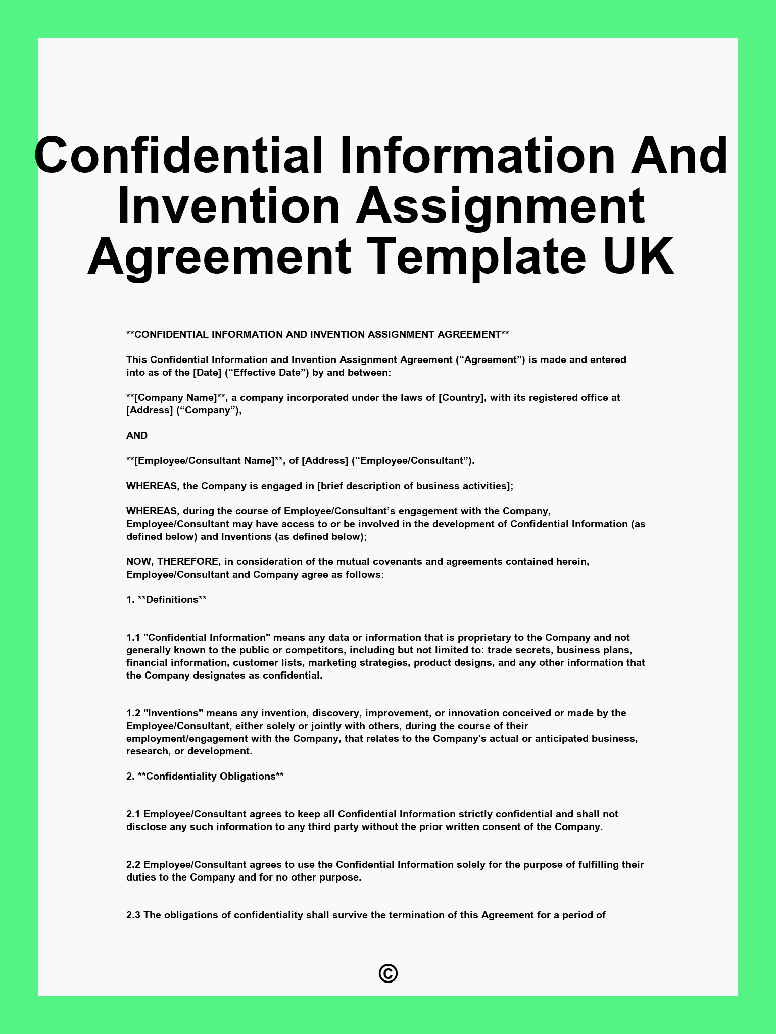 Confidential Information And Invention Assignment Agreement Template UK