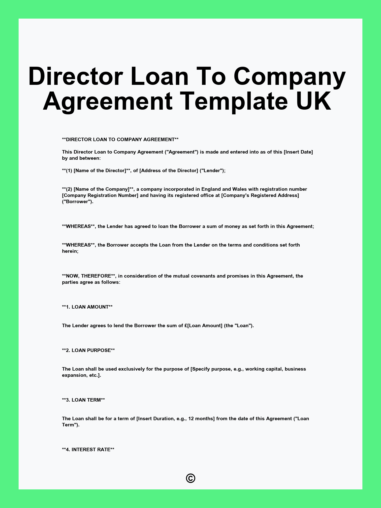 Director Loan To Company Agreement Template UK