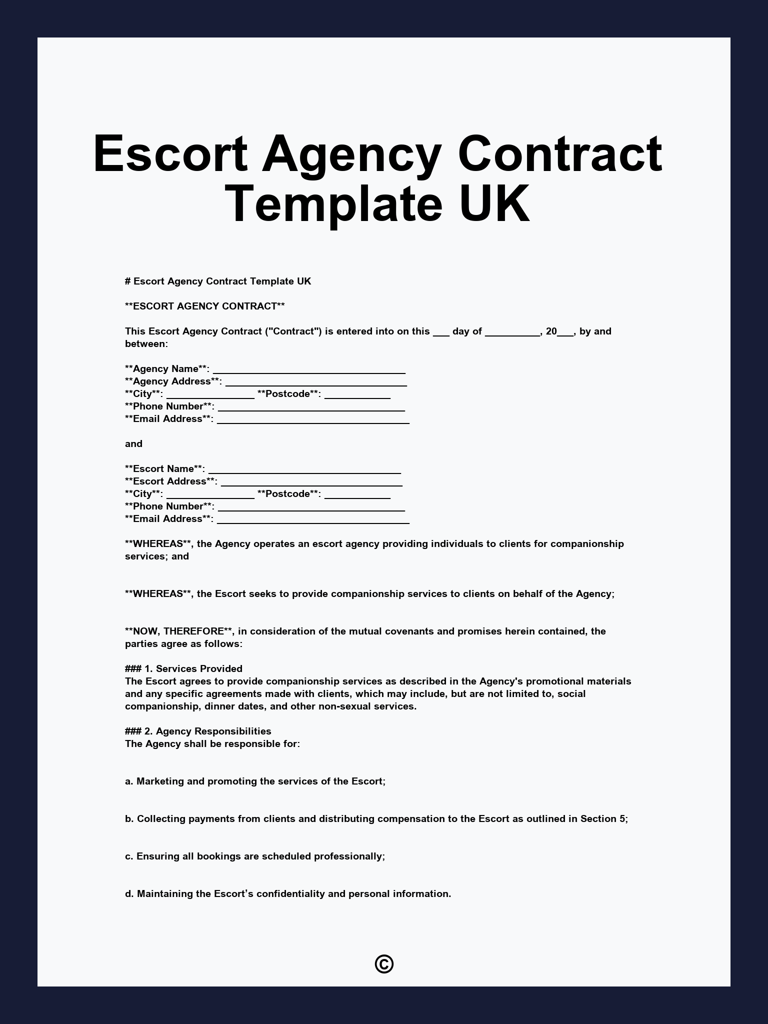 Escort Agency Contract Template UK