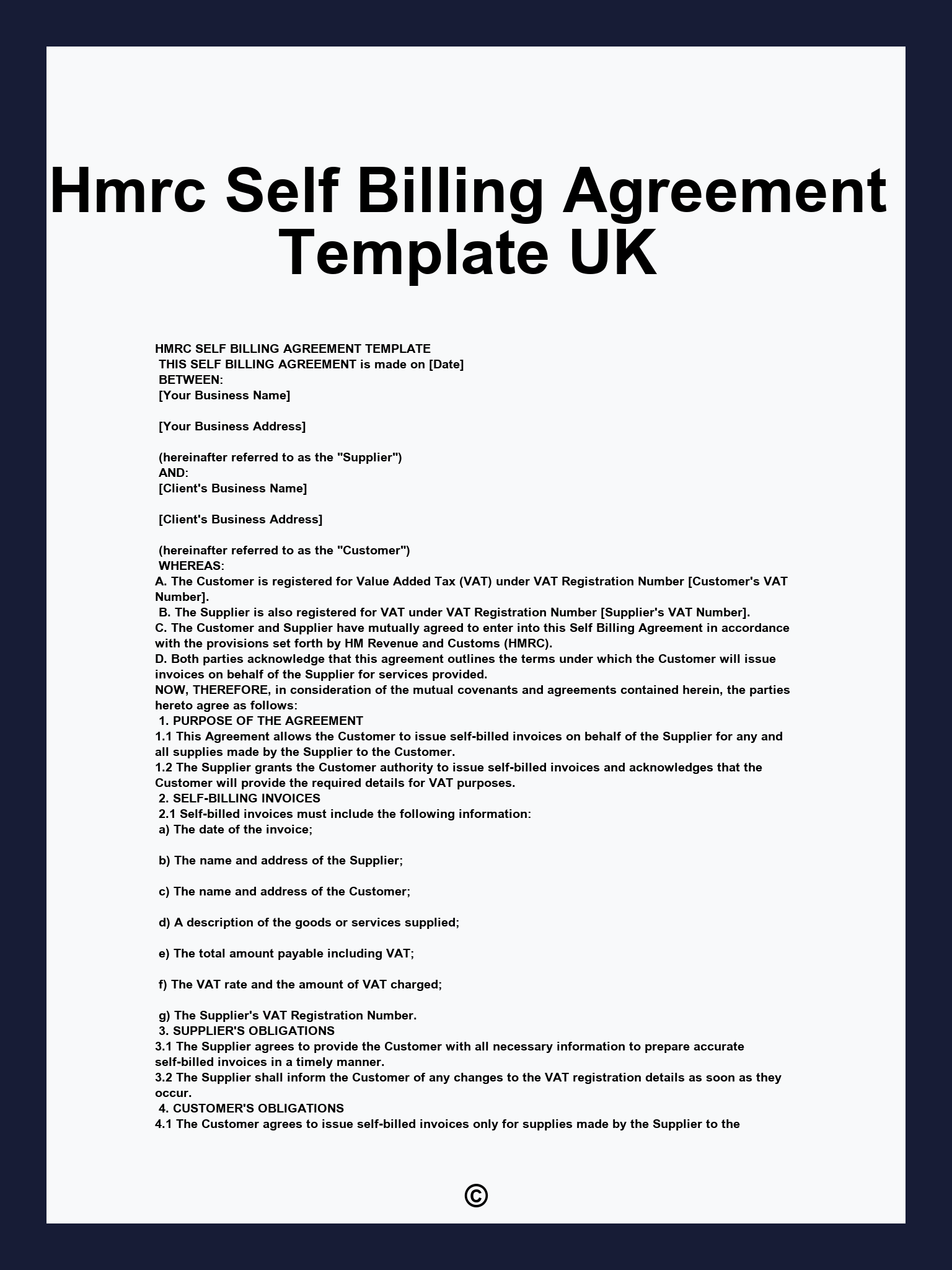 Hmrc Self Billing Agreement Template UK