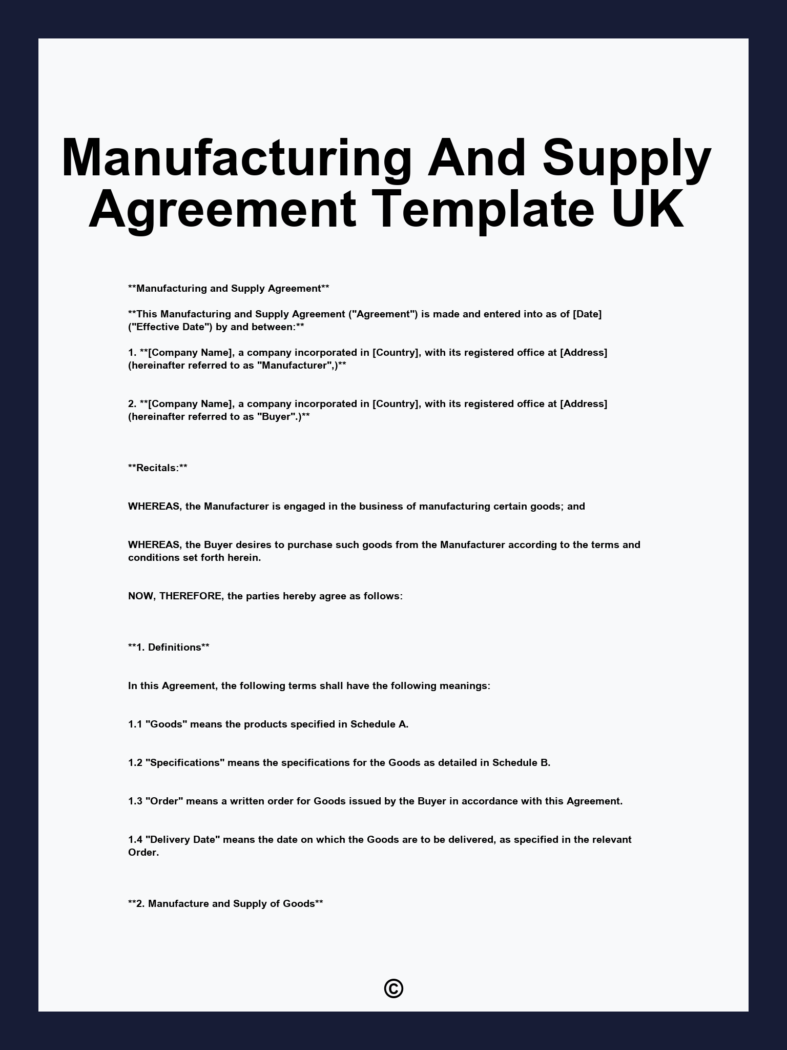 Manufacturing And Supply Agreement Template UK