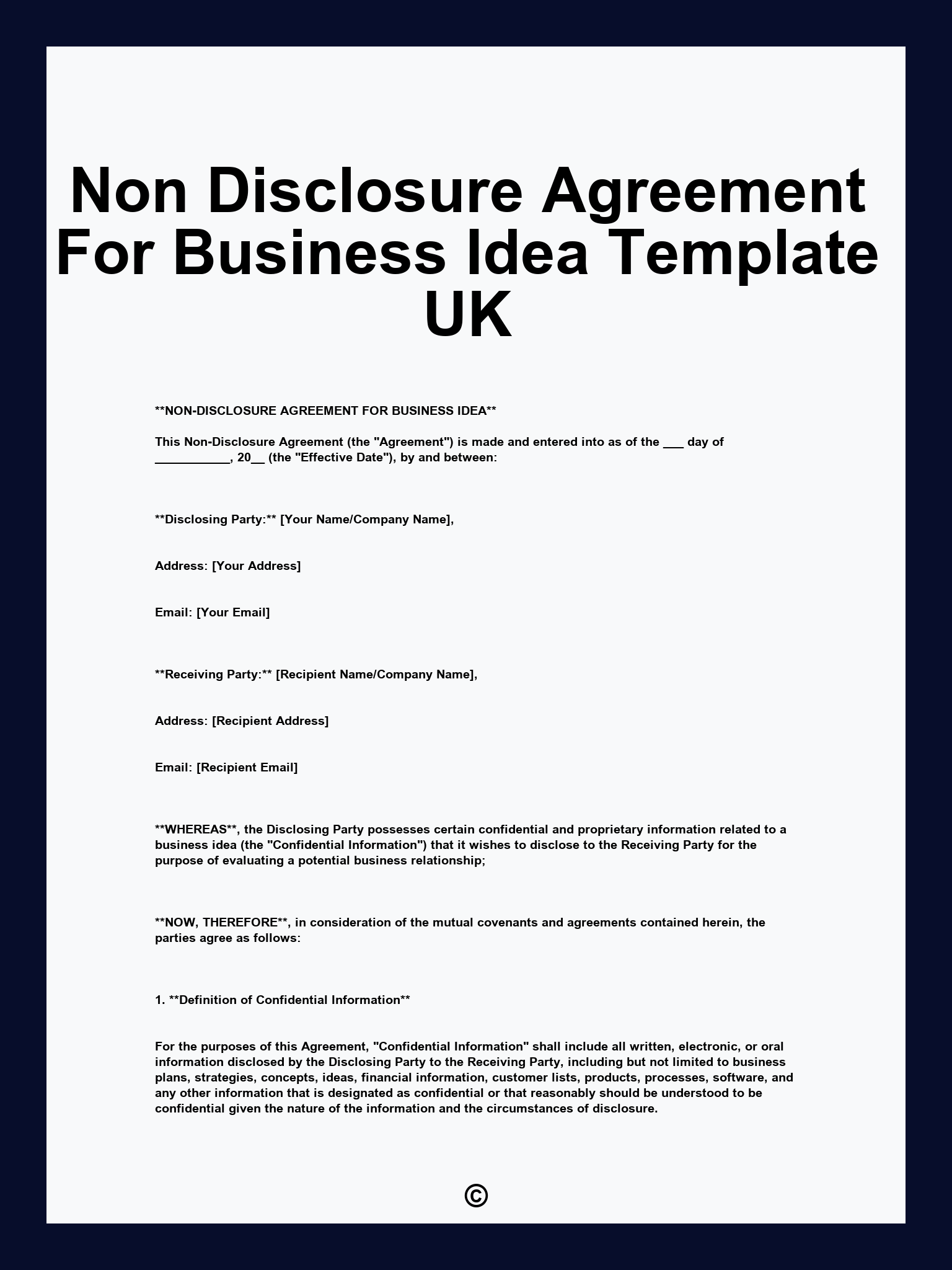 Non Disclosure Agreement For Business Idea Template UK