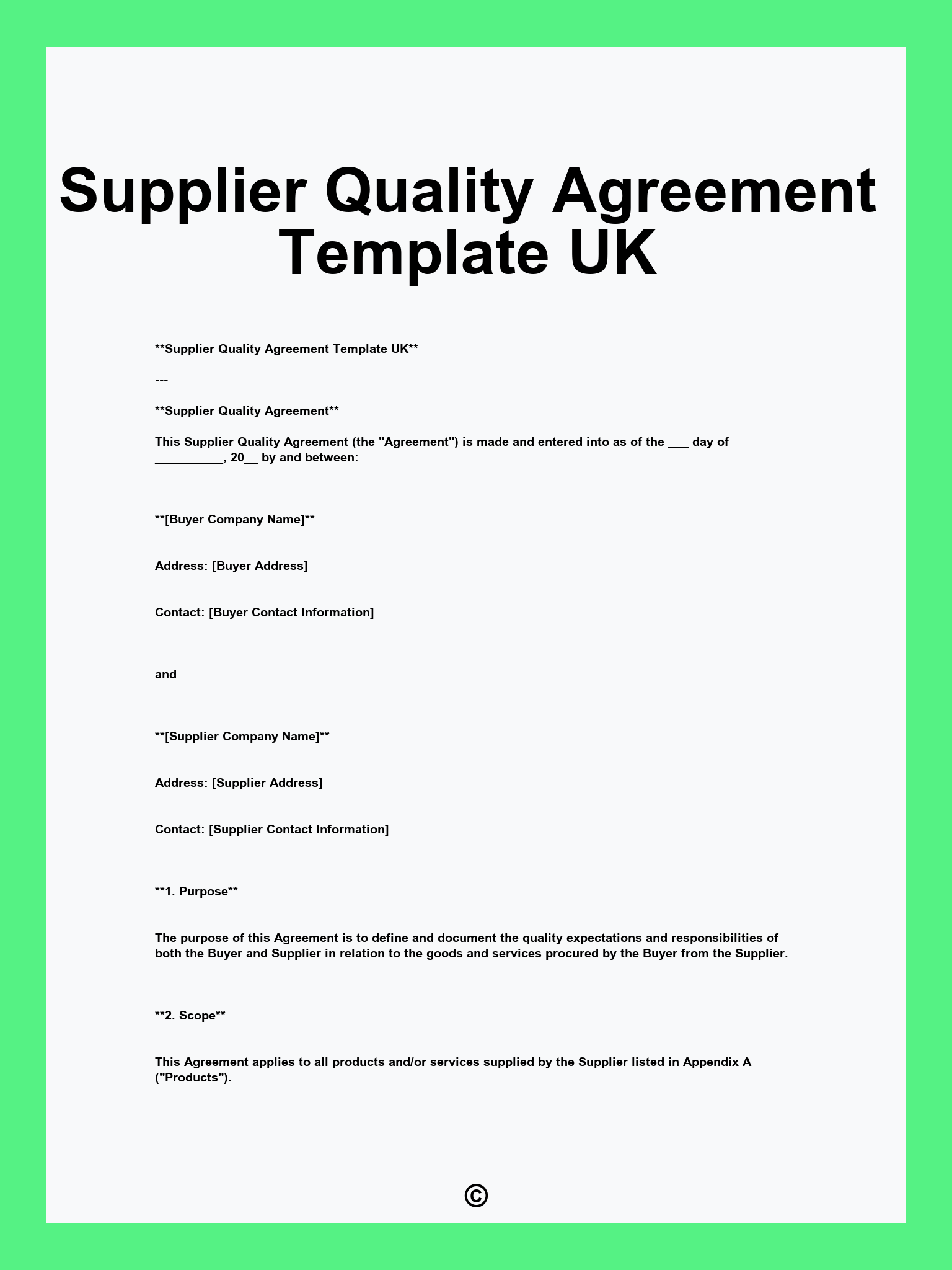 Supplier Quality Agreement Template UK