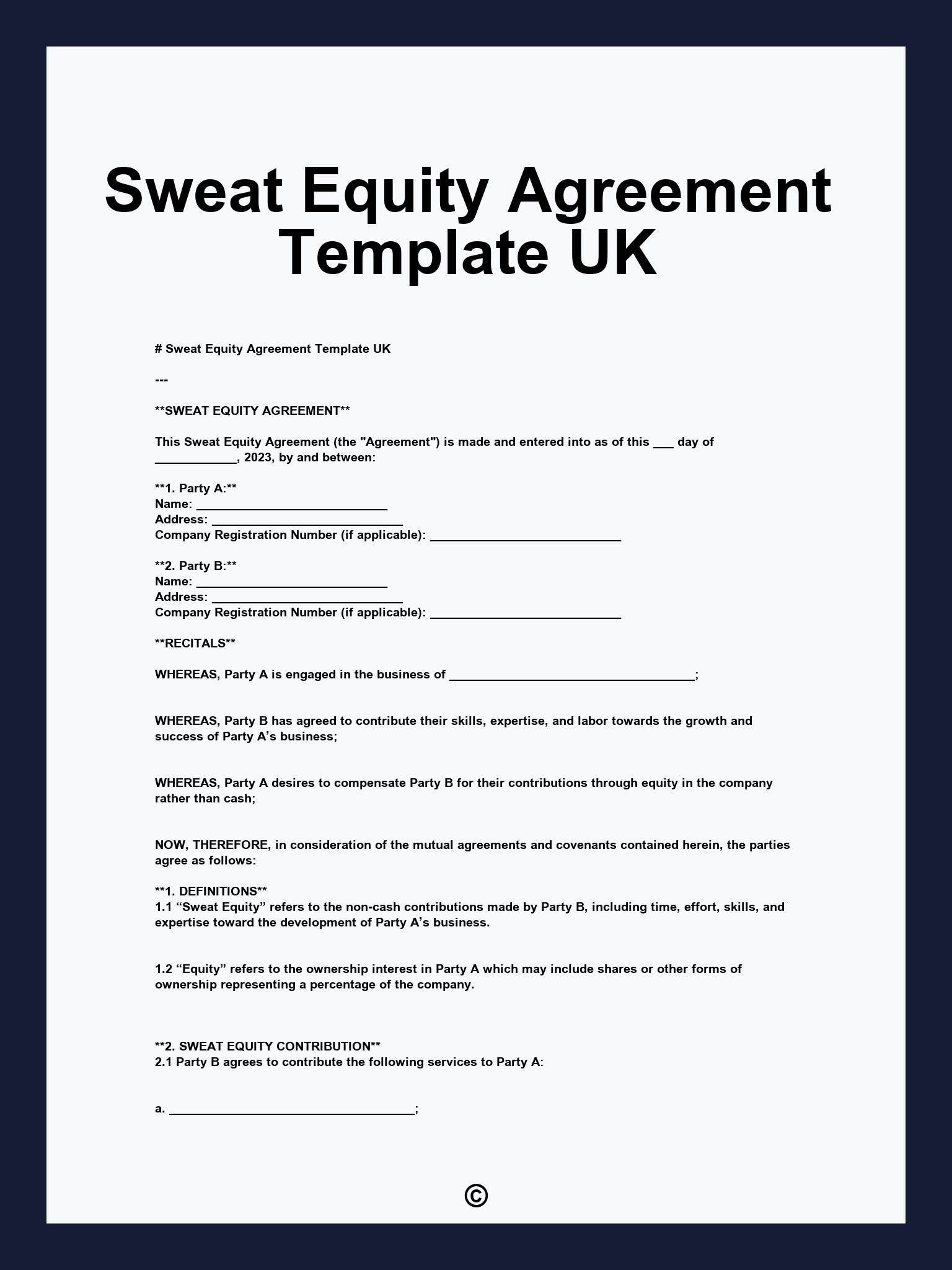 Sweat Equity Agreement Template UK
