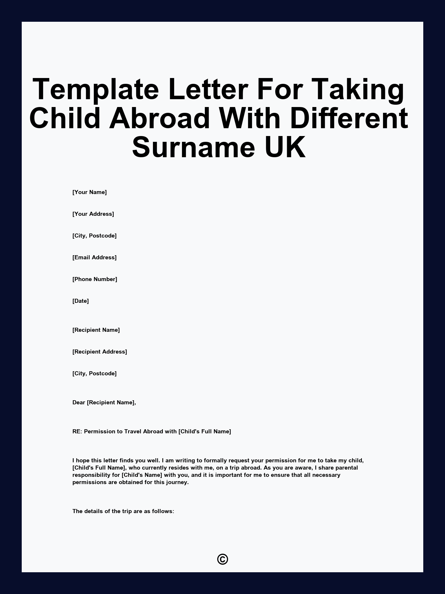 Template Letter For Taking Child Abroad With Different Surname UK