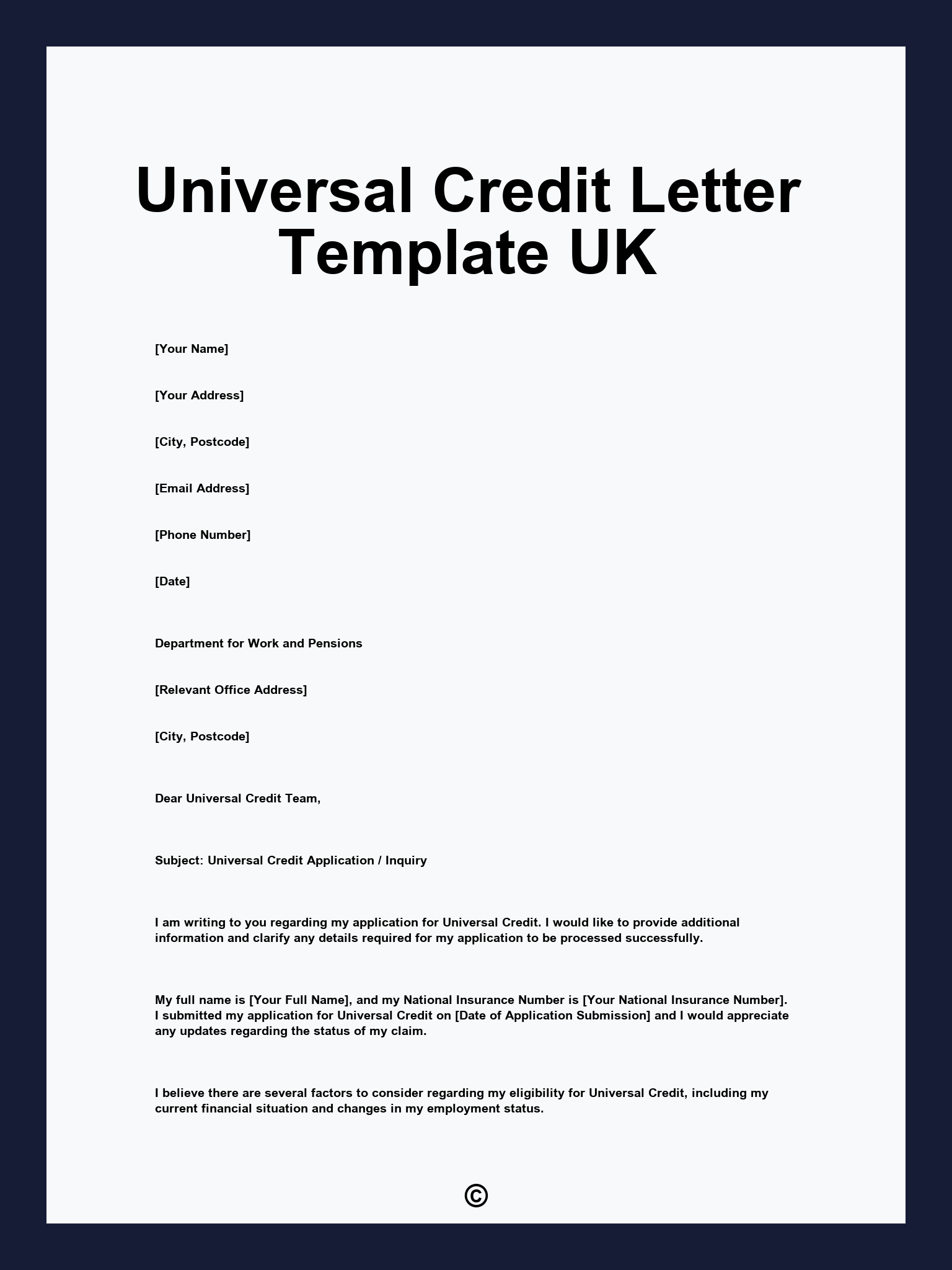 Universal Credit Letter Template UK